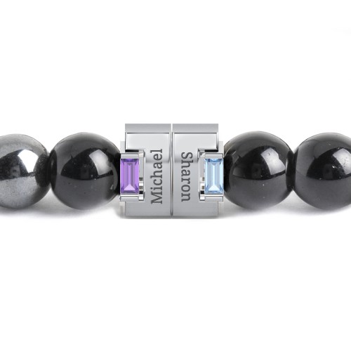 Men's Engravable S-Knot Bead Bracelet with Baguette Gemstones – Sterling Silver with Amethyst, Blue Topaz, and