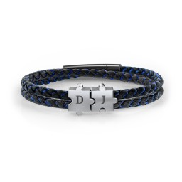 Men’s Engravable Black Leather & Blue Silk Initial Bracelet with Puzzle Pieces