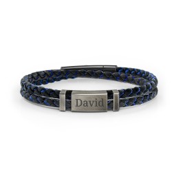 Men’s Engravable Black Leather & Blue Silk Bracelet with Brush Finish Plate in 925 Sterling Silver