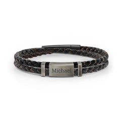 Men’s Engravable Black Leather & Brown Silk Bracelet with Brush Finish Plate