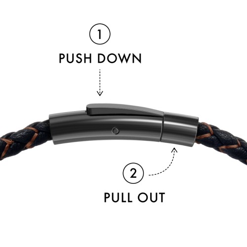 Men’s Engravable Black Leather & Brown Silk Bracelet with Brush Finish Plate