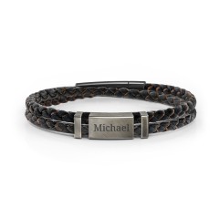 Men’s Engravable Black Leather & Brown Silk Bracelet with Brush Finish Plate – Sterling Silver