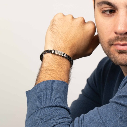 Men’s Engravable Black Leather & Brown Silk Bracelet with Brush Finish Plate – Sterling Silver