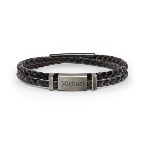 Men’s Engravable Black Leather & Brown Silk Bracelet with Brush Finish Plate – Sterling Silver