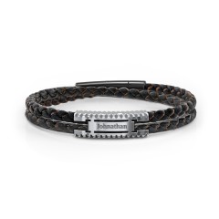 Men’s Engravable Black Leather & Brown Silk Bracelet with Polished Plate – Sterling Silver