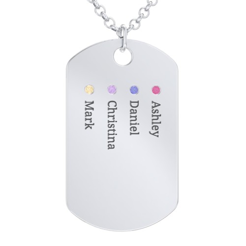 Men's Engravable Dog Tag Necklace with 4 Birthstones – Sterling Silver with Ruby, Blue Sapphire, Amethyst, and Citrine
