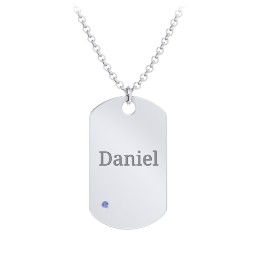 Men's Engravable Dog Tag Necklace With Accent in 925 Sterling Silver with Blue Sapphire