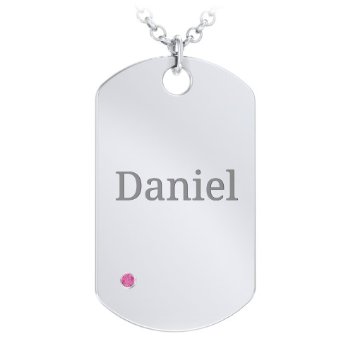 Men's Engravable Dog Tag Necklace With Accent – Sterling Silver with Ruby