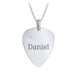 Men's Engravable Guitar Pick Necklace with Gemstone in 925 Sterling Silver with Blue Topaz