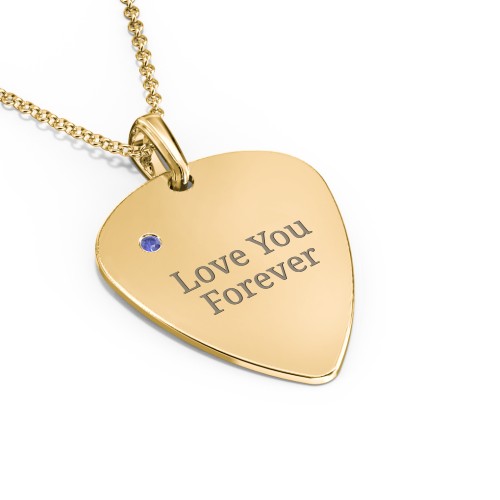 Men's Engravable Guitar Pick Necklace with Gemstone – 9kt Yellow Gold with Blue Sapphire