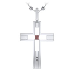 Men’s Engravable Cut-out Silver Cross Pendant in 925 Sterling Silver with Garnet
