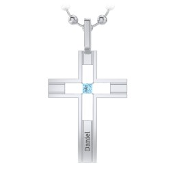 Men’s Engravable Cut-out Silver Cross Pendant in 925 Sterling Silver with Blue Topaz