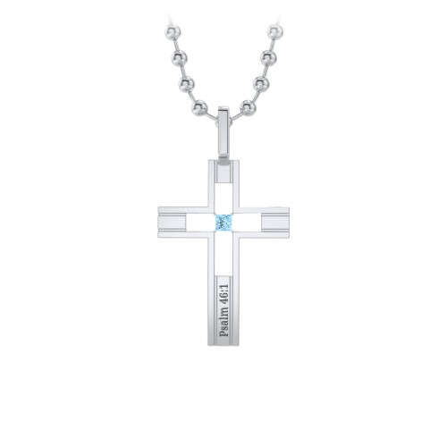 Men’s Engravable Cut-out Silver Cross Pendant – Sterling Silver with Blue Topaz