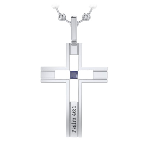 Men’s Engravable Cut-out Silver Cross Pendant – Sterling Silver with Blue Sapphire