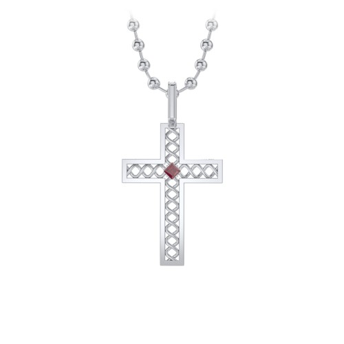 Men’s Silver Geometric Cross Pendant with Birthstone