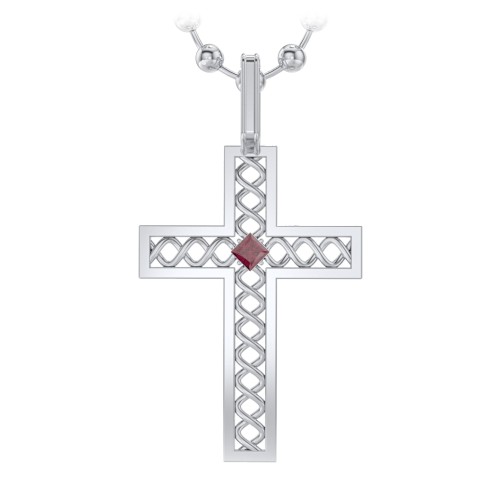 Men’s Silver Geometric Cross Pendant with Birthstone