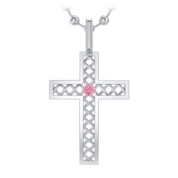 Men’s Silver Geometric Cross Pendant with Birthstone in 925 Sterling Silver with Pink Tourmaline
