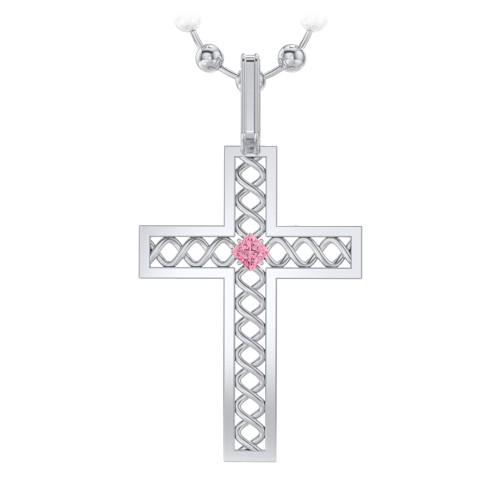 Men’s Silver Geometric Cross Pendant with Birthstone – Sterling Silver with Pink Tourmaline