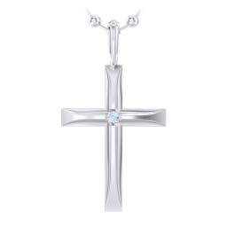 Men’s Beveled Silver Cross Pendant with Birthstone