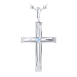 Men’s Beveled Silver Cross Pendant with Birthstone