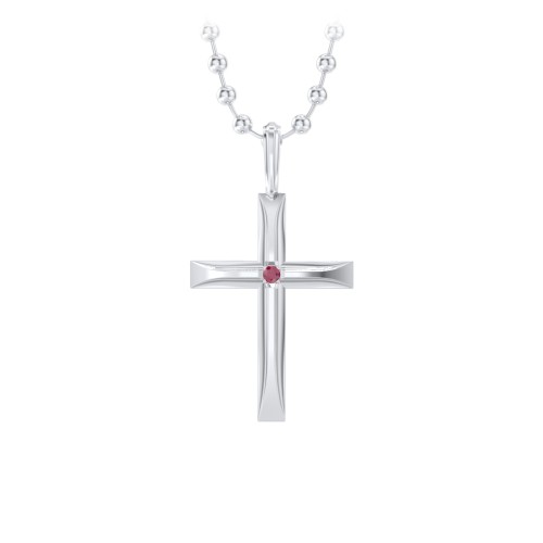Men’s Beveled Silver Cross Pendant with Birthstone