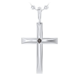 Men’s Beveled Silver Cross Pendant with Birthstone in 925 Sterling Silver with Smokey Quartz