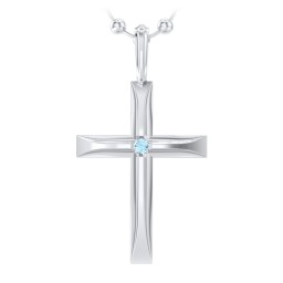 Men’s Beveled Silver Cross Pendant with Birthstone in 925 Sterling Silver with Blue Topaz