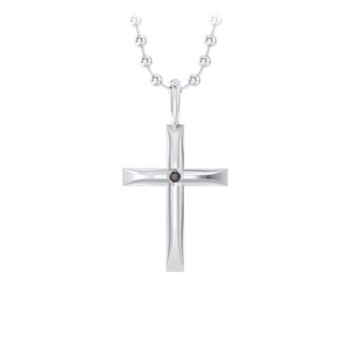 Men’s Beveled Silver Cross Pendant with Birthstone – Sterling Silver with Smokey Quartz