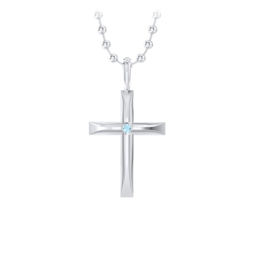 Men’s Beveled Silver Cross Pendant with Birthstone – Sterling Silver with Blue Topaz