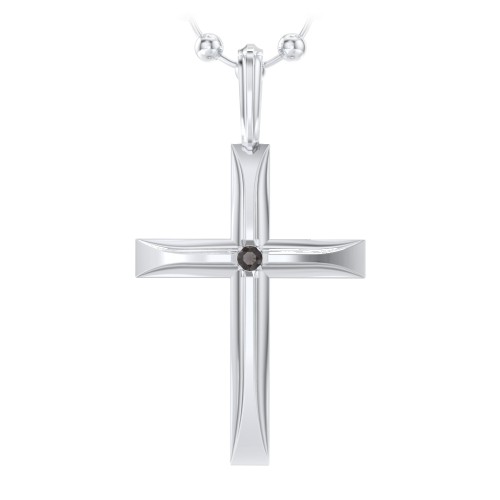 Men’s Beveled Silver Cross Pendant with Birthstone – Sterling Silver with Smokey Quartz