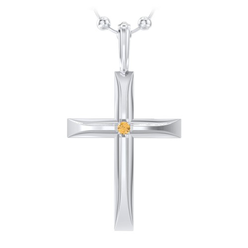 Men’s Beveled Silver Cross Pendant with Birthstone – Sterling Silver with Citrine