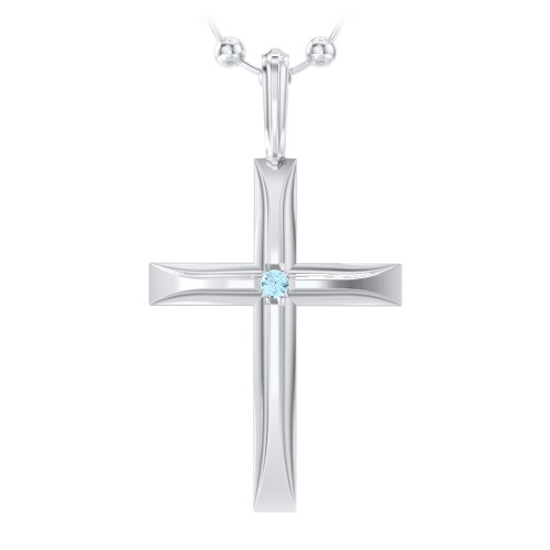 Men’s Beveled Silver Cross Pendant with Birthstone – Sterling Silver with Blue Topaz