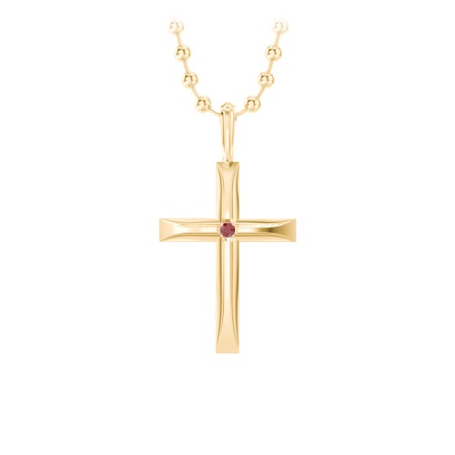 Men’s Beveled Silver Cross Pendant with Birthstone – 9kt Yellow Gold with Garnet