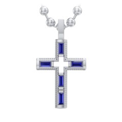 Men’s Baguette Birthstone Cross Pendant – Sterling Silver with Blue Sapphire
