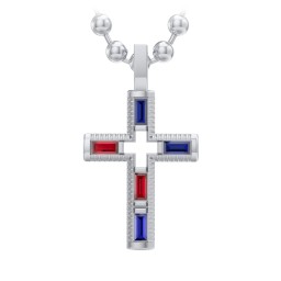 Men’s Baguette Birthstone Cross Pendant in 925 Sterling Silver with Blue Sapphire and Garnet