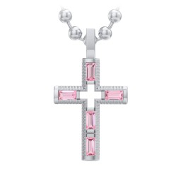 Men’s Baguette Birthstone Cross Pendant in 925 Sterling Silver with Pink Tourmaline