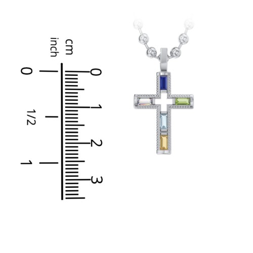 Men’s Baguette Birthstone Cross Pendant – Sterling Silver with Blue Sapphire