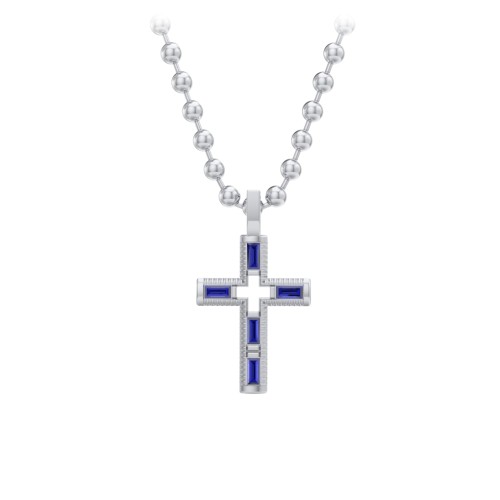 Men’s Baguette Birthstone Cross Pendant – Sterling Silver with Blue Sapphire