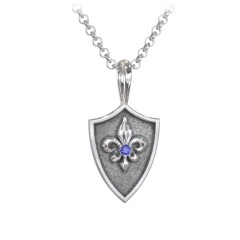 Men's Fleur-de-lis Hero Shield Pendant with Gemstone – Sterling Silver with Blue Sapphire