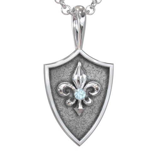 Men's Fleur-de-lis Hero Shield Pendant with Gemstone – Sterling Silver with Blue Topaz