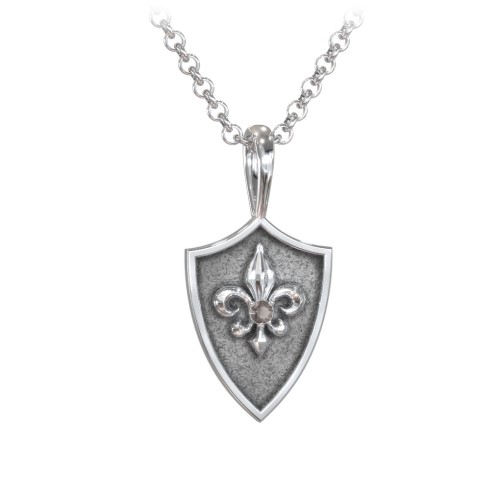 Men's Fleur-de-lis Hero Shield Pendant with Gemstone – Sterling Silver with Smokey Quartz