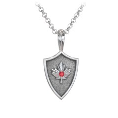Men's Maple Leaf Hero Shield Pendant with Gemstone – Sterling Silver with Garnet
