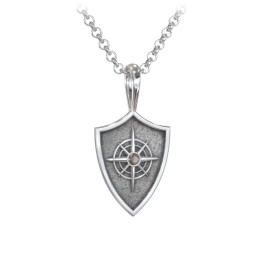 Men's Compass Hero Shield Pendant with Gemstone in 925 Sterling Silver with Smokey Quartz