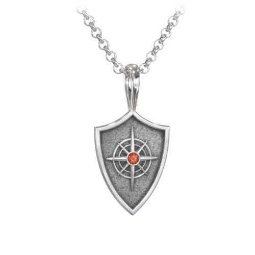 Men's Compass Hero Shield Pendant with Gemstone – Sterling Silver with Garnet