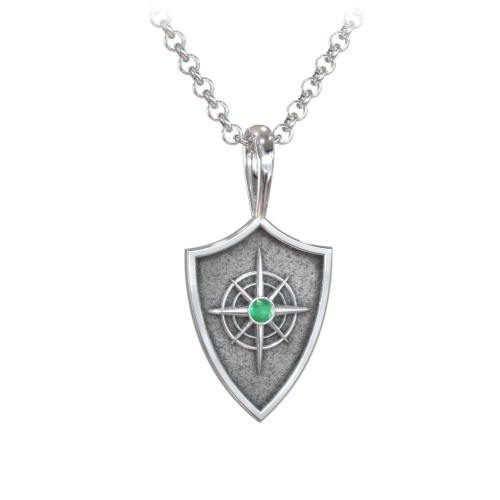Men's Compass Hero Shield Pendant with Gemstone – Sterling Silver with Emerald