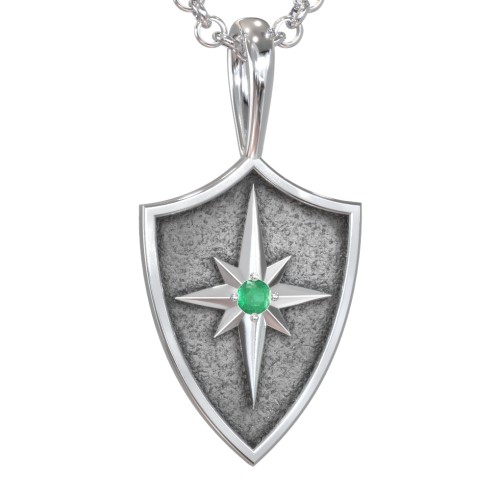 Men's Starburst Hero Shield Pendant with Gemstone – Sterling Silver with Emerald