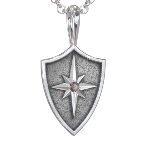 Men's Starburst Hero Shield Pendant with Gemstone – Sterling Silver with Smokey Quartz