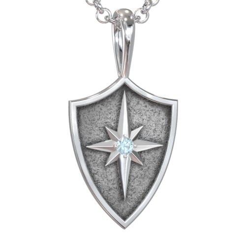 Men's Starburst Hero Shield Pendant with Gemstone – Sterling Silver with Blue Topaz
