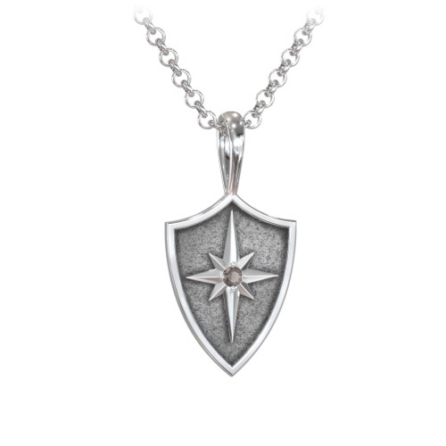 Men's Starburst Hero Shield Pendant with Gemstone – Sterling Silver with Smokey Quartz