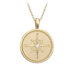 Men's Engravable Compass Necklace with Gemstone in 9K Solid Yellow Gold with Cubic Zirconia